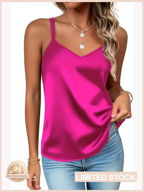 Satin Camisole Top V Neck Spaghetti Strap Cross Back Summer Blouse Chic - Picture 1 of 7